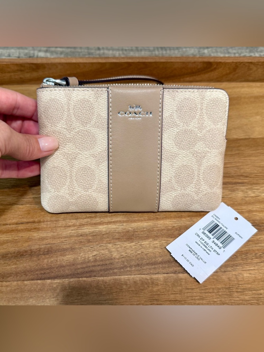 Coach Signature Zip Wallet/Wristlet with Smooth Leather Trim, Sand/Taupe, NWT - Picture 2 of 10